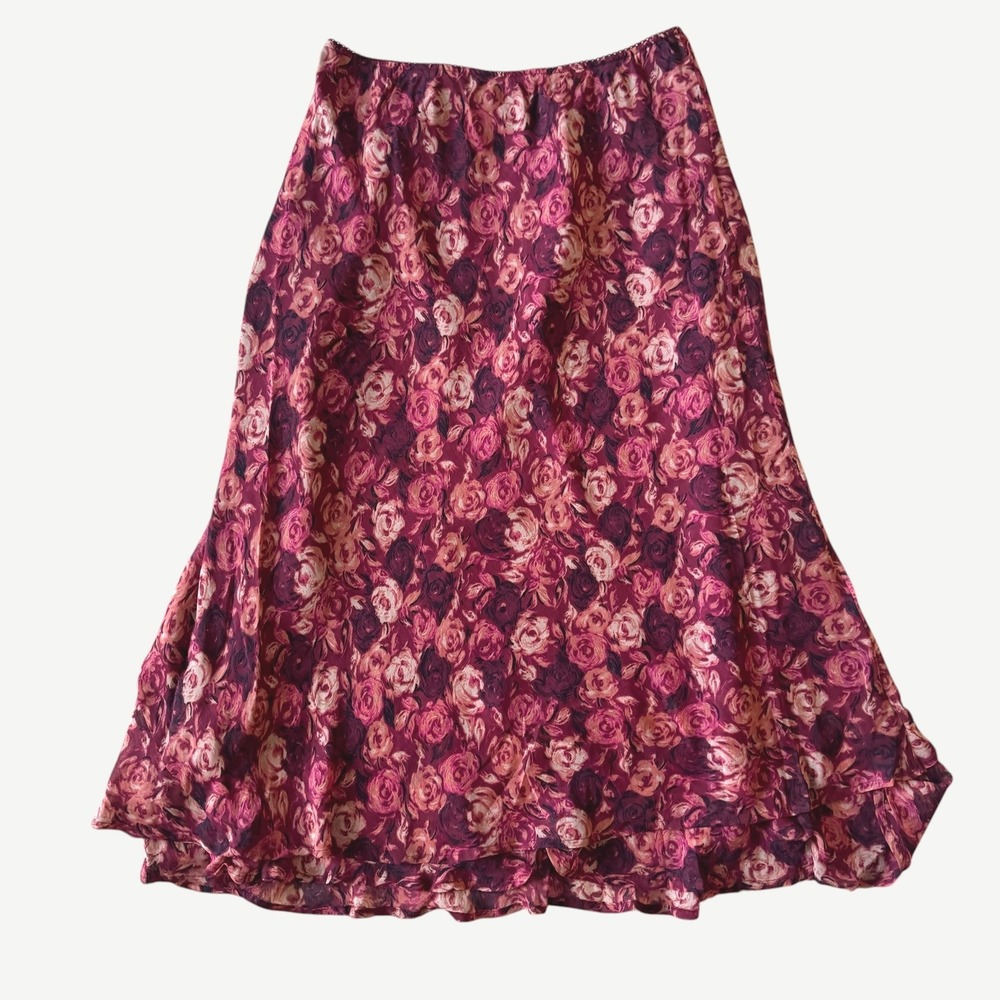 Cottagecore Style & Co Floral Rose Boho Midi Skirt Burgundy Pink Ruffle Hem 10